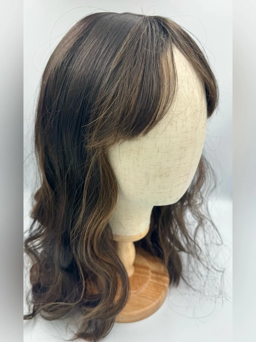 New Dark Brown Highlighted Long Wavy Wig with Bangs + Wig Cap